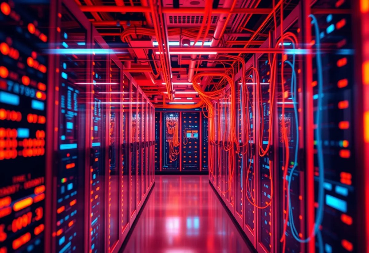 Data infrastructure architecture with interconnected systems and data flow visualization + technology center or server environment setting + color: dominant #FF8A00 tones with tech blue accents, clean gradients + style: clean flat design illustration, professional, minimalist + safety: absolutely no text, no words, no letters, no numbers, no typography, no labels, no captions, no signs with writing