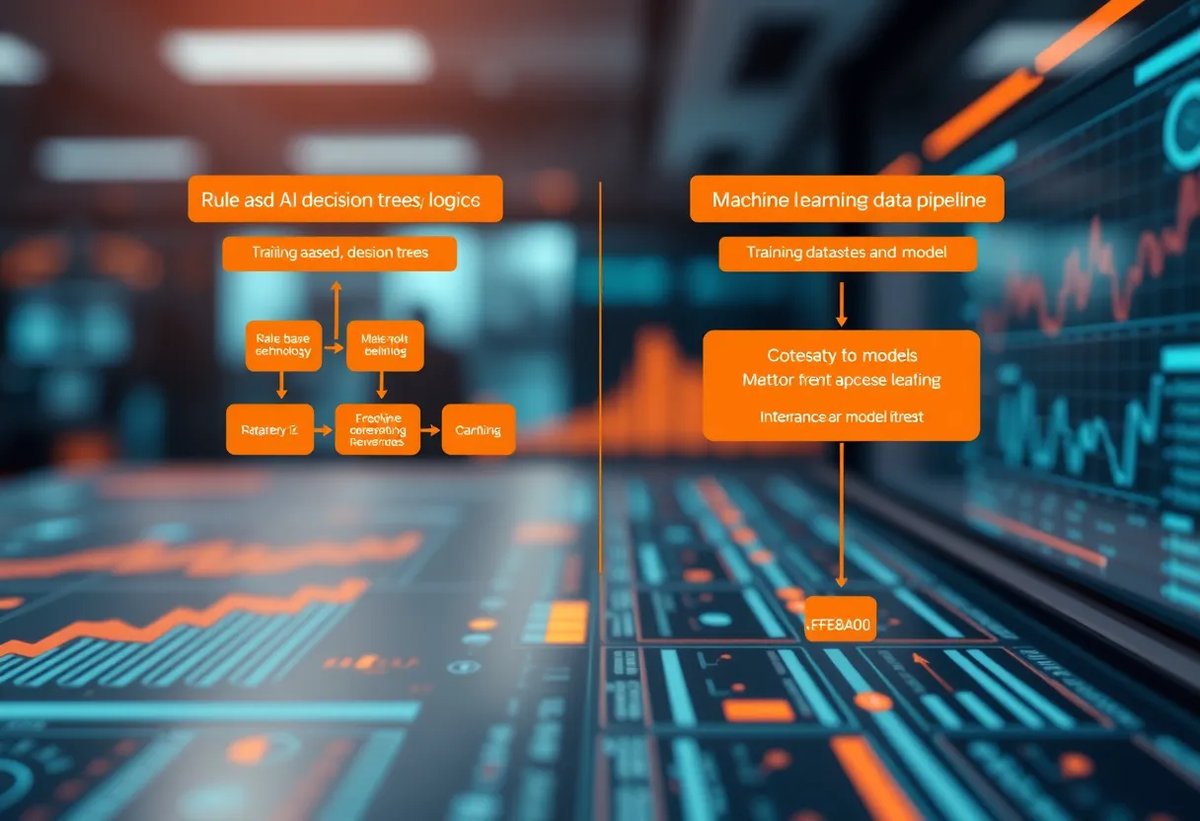 Focused illustration comparing two distinct technology pathways: one showing rule-based AI decision trees and logic flows, the other showing machine learning data pipelines with training datasets and model iterations, set within a fintech dashboard environment with charts and analytics, color: dominant #FF8A00 with teal and charcoal accents, style: clean flat design illustration, professional, minimalist, no text, no words, no letters, no numbers, no typography, no labels, no captions, no signs with writing