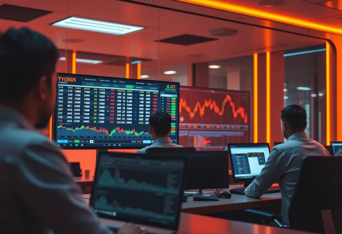 Cryptocurrency exchange platform interface showing order books, trading pairs, and security features + modern fintech office environment with traders monitoring screens + color: dominant #FF8A00 with silver and dark blue accents + style: clean flat design illustration, professional, minimalist + safety: absolutely no text, no words, no letters, no numbers, no typography, no labels, no captions, no signs with writing