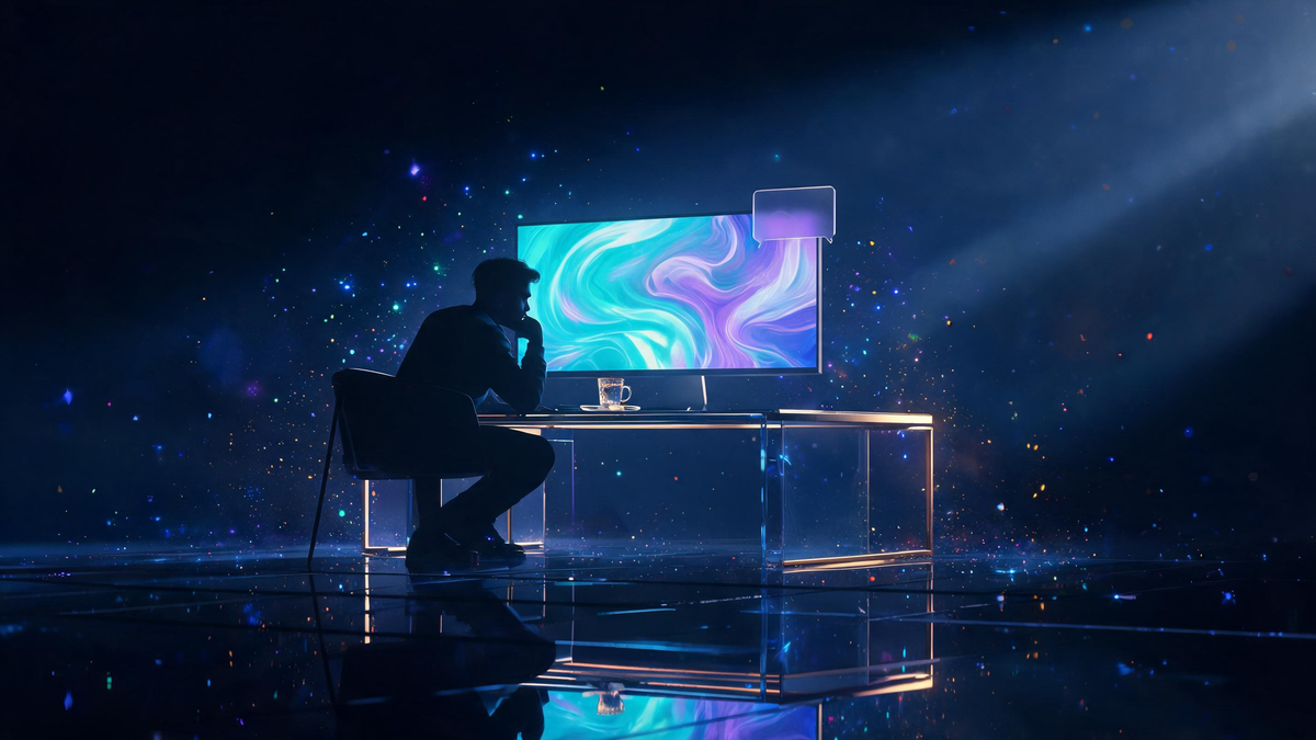 Creator at desk considering ads: generated artwork glowing on monitor with discreet ad tile hovering