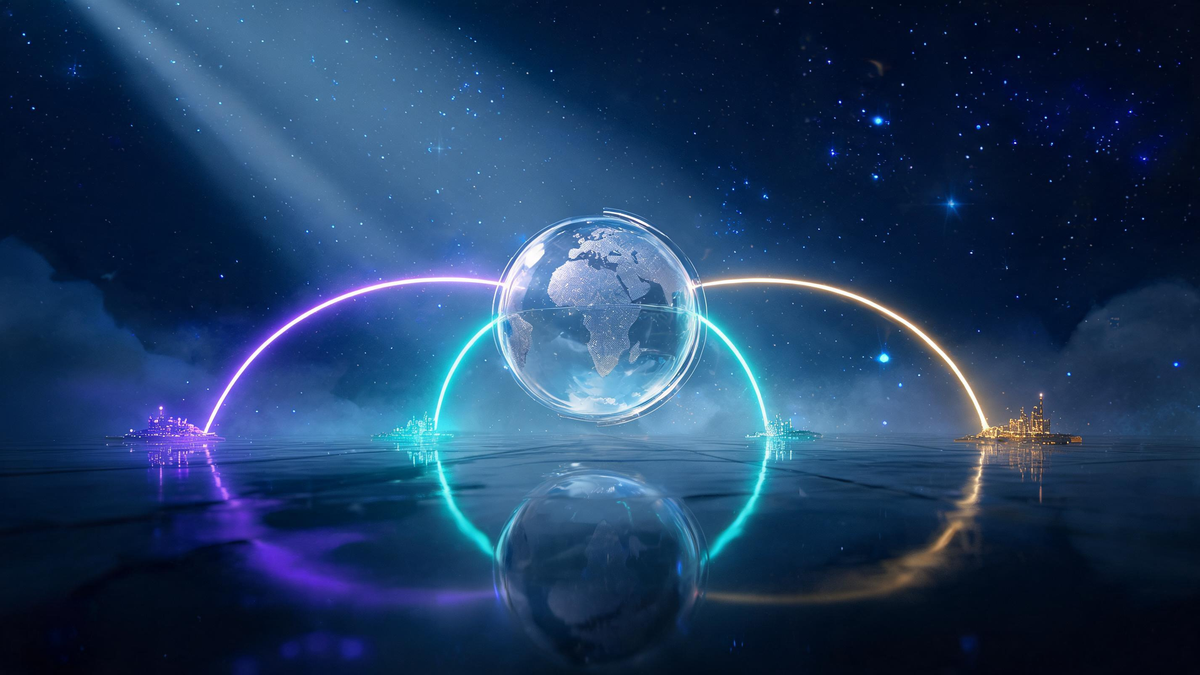 ChatGPT ads rollout: glass globe with three glowing route arcs to distant city beacons