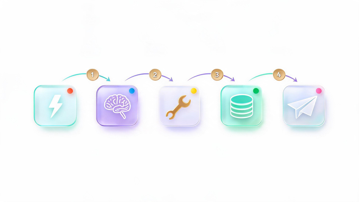 AI agent builder workflow with numbered nodes for trigger, LLM, tools, memory and output