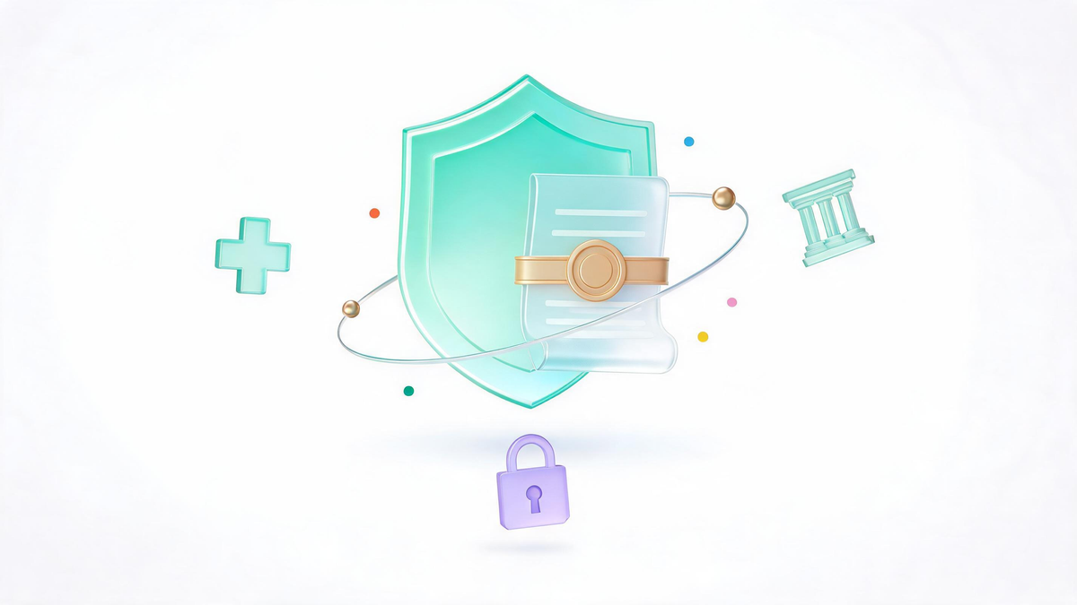 HIPAA compliant AI agent platform concept with shield, BAA document and gold compliance seal