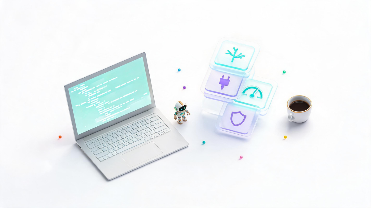 Developer AI agent stack with laptop terminal and composable blocks for branch, tools, metrics and security