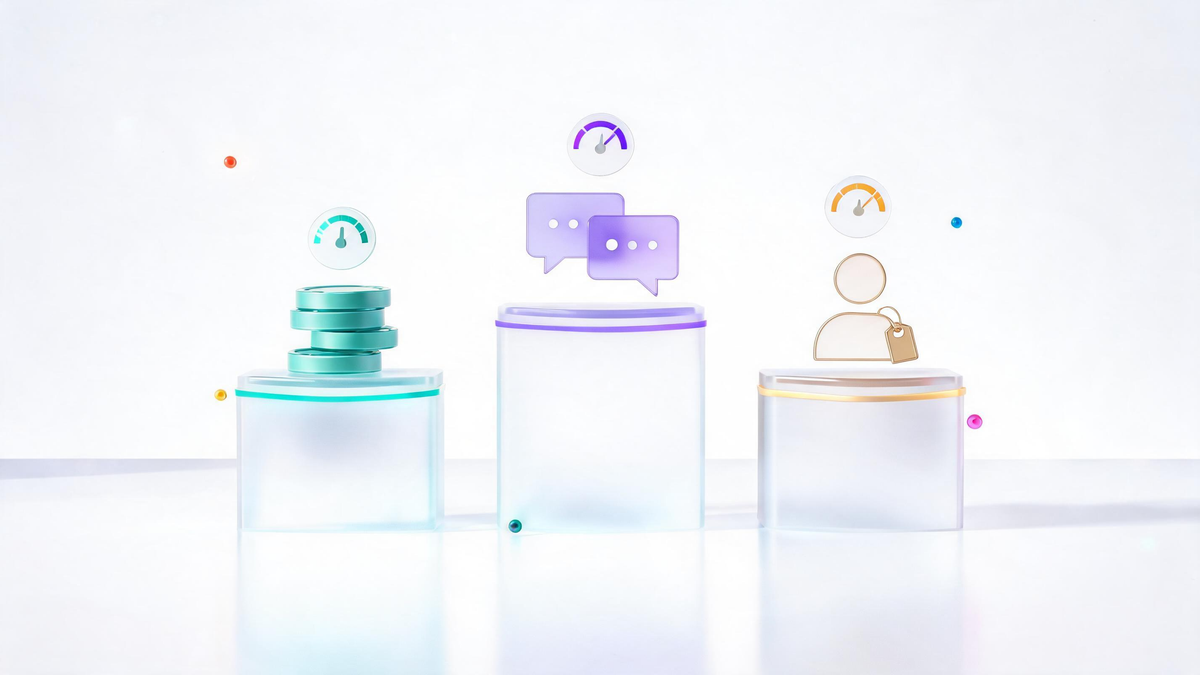 AI agent platform pricing models shown as glass podiums for credits, conversations and seats