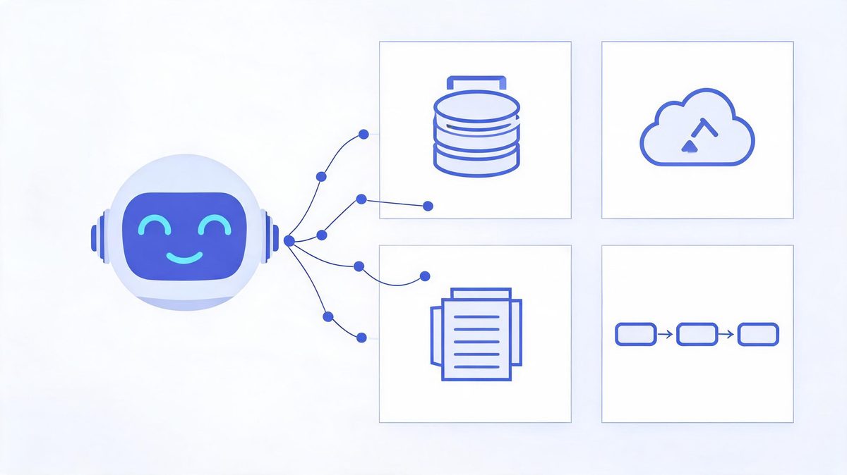 diagram showing AI agent connected to CRM APIs databases and workflows