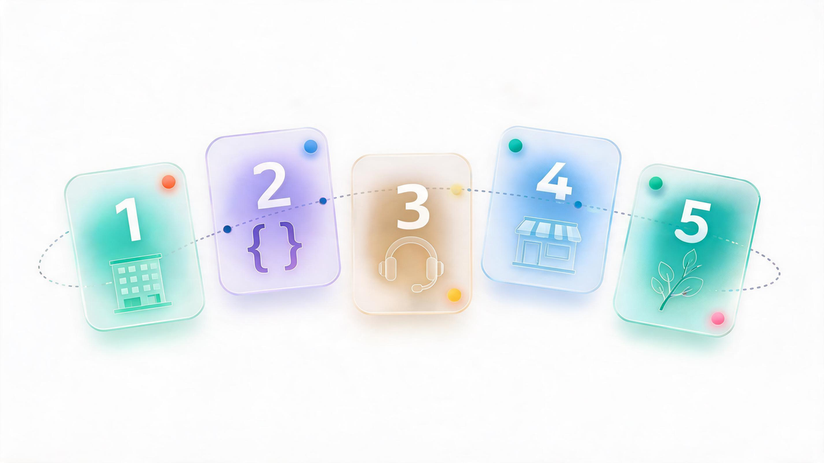Five AI agent platform types shown as numbered cards from enterprise suites to open source