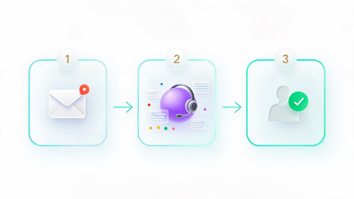 Three step AI customer support workflow from ticket arrival to AI resolution and human handoff