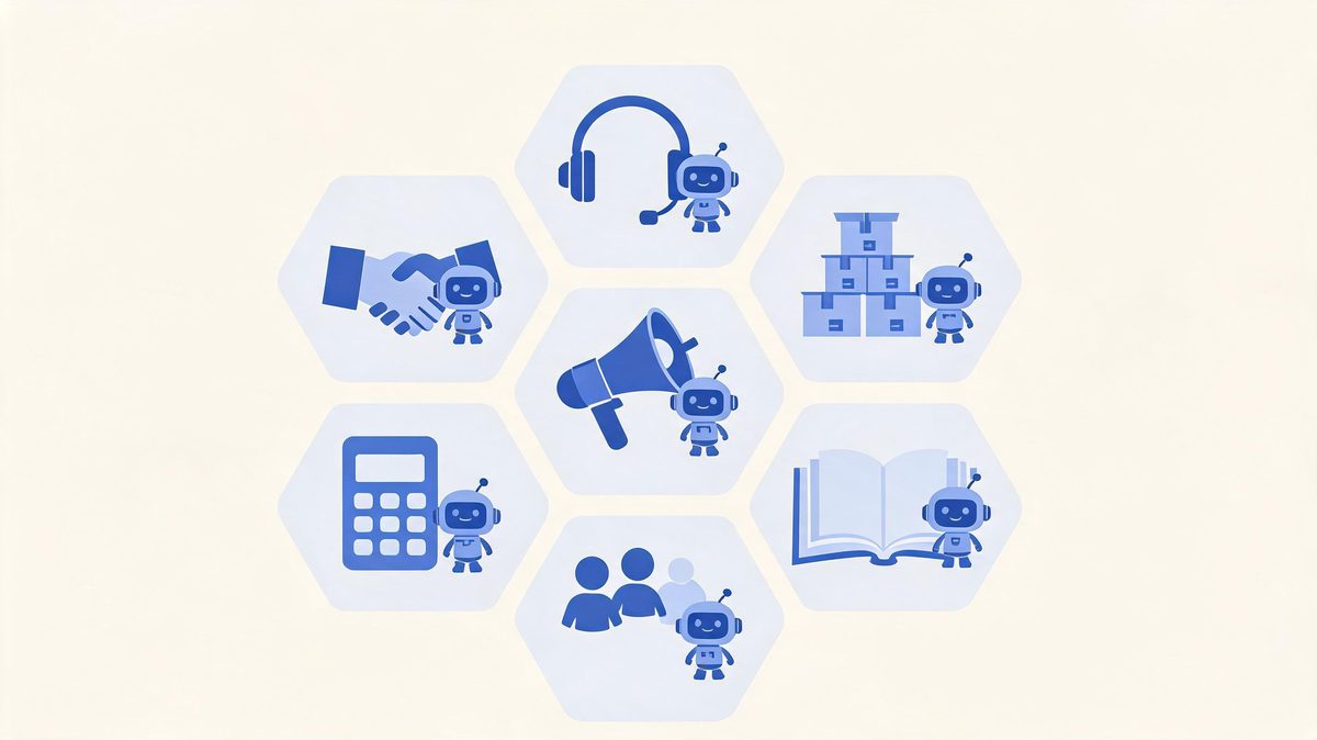 seven business functions where AI agents integrate: support sales marketing operations finance HR and knowledge