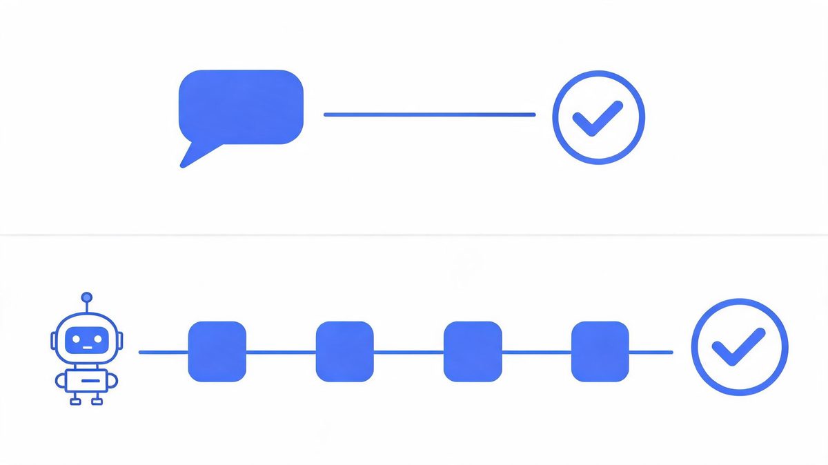 core difference between AI agents and chatbots shown as conversation versus action pipeline