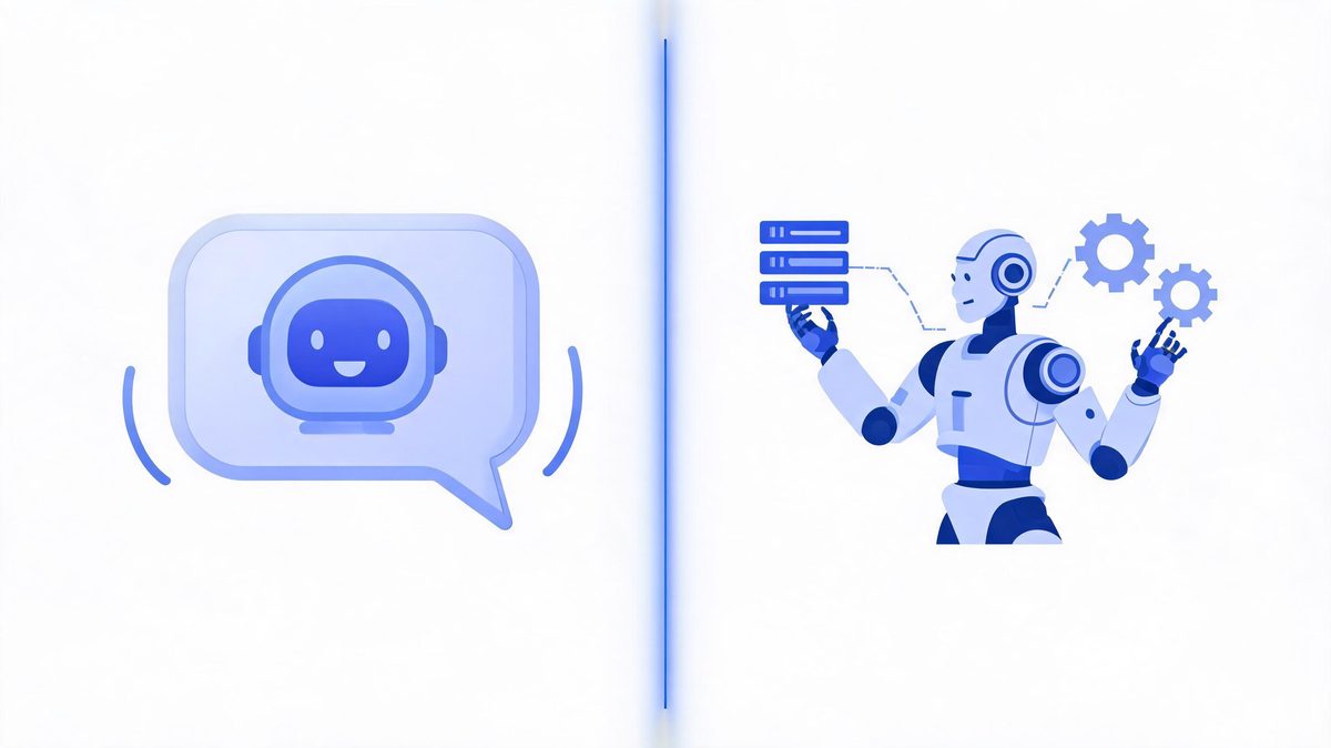 AI agents vs chatbots split comparison showing autonomous task completion versus conversational answers