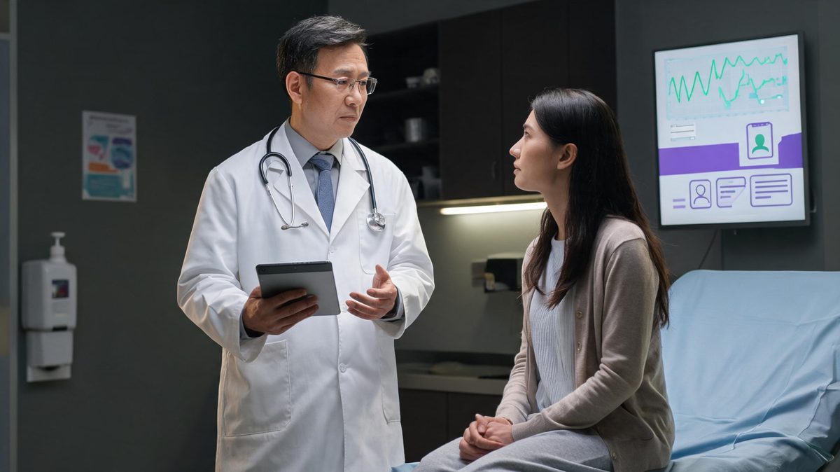 Healthcare professional using AI-assisted information while communicating with a patient