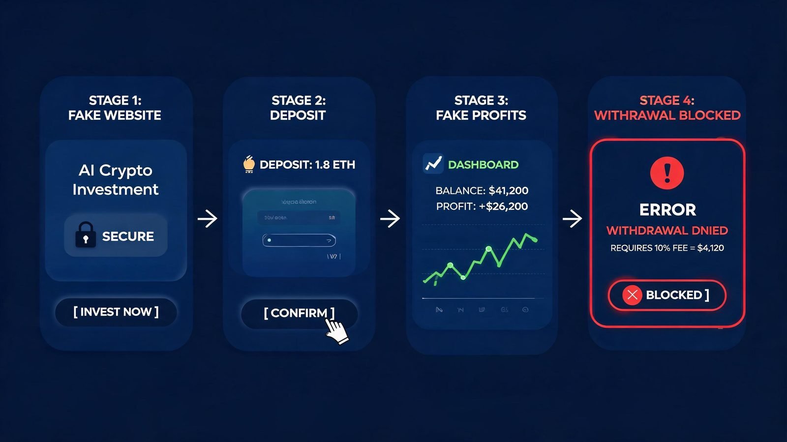Fake AI crypto platform showing deposits, fake profits and blocked withdrawals