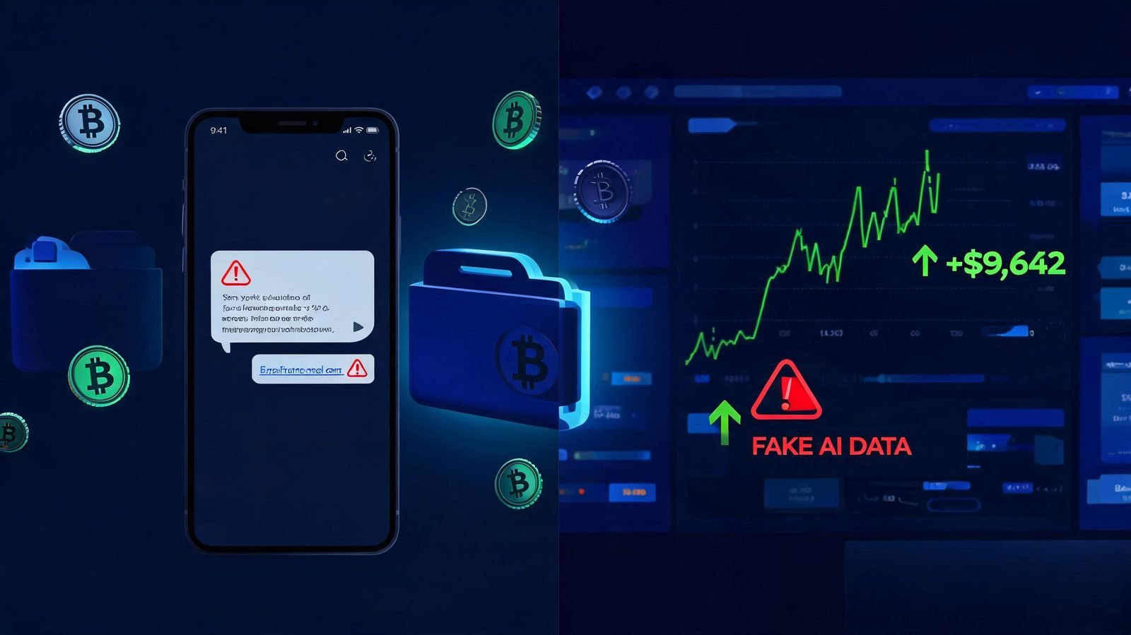 AI phishing message and fake AI crypto trading dashboard