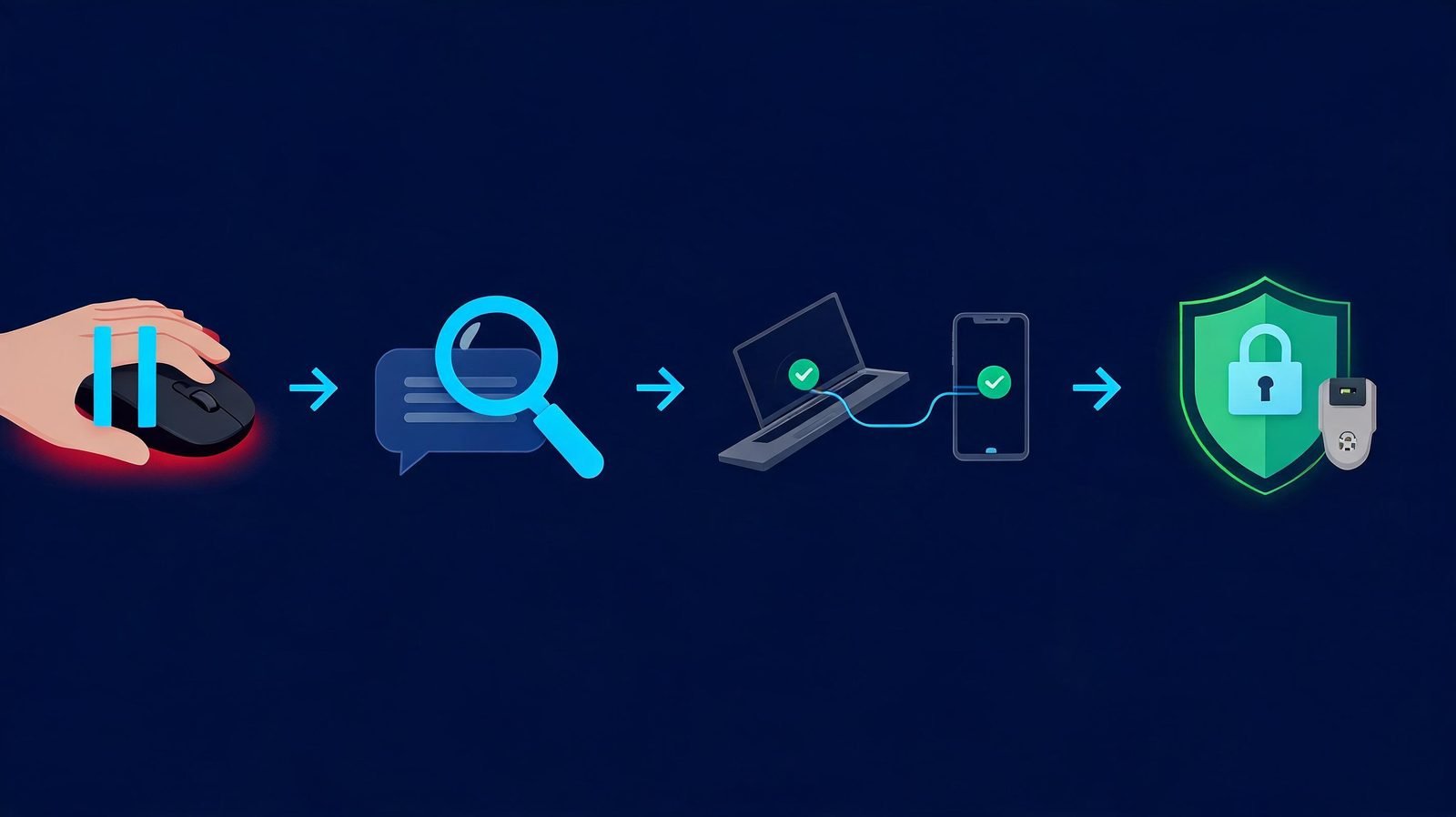 Four-step framework infographic: PAUSE, CHECK, VERIFY, PROTECT