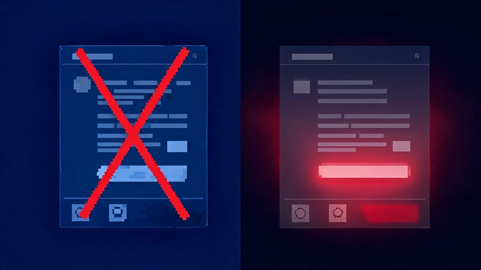 Split illustration contrasting a crude old phishing email with a polished AI-generated one hiding a red glow