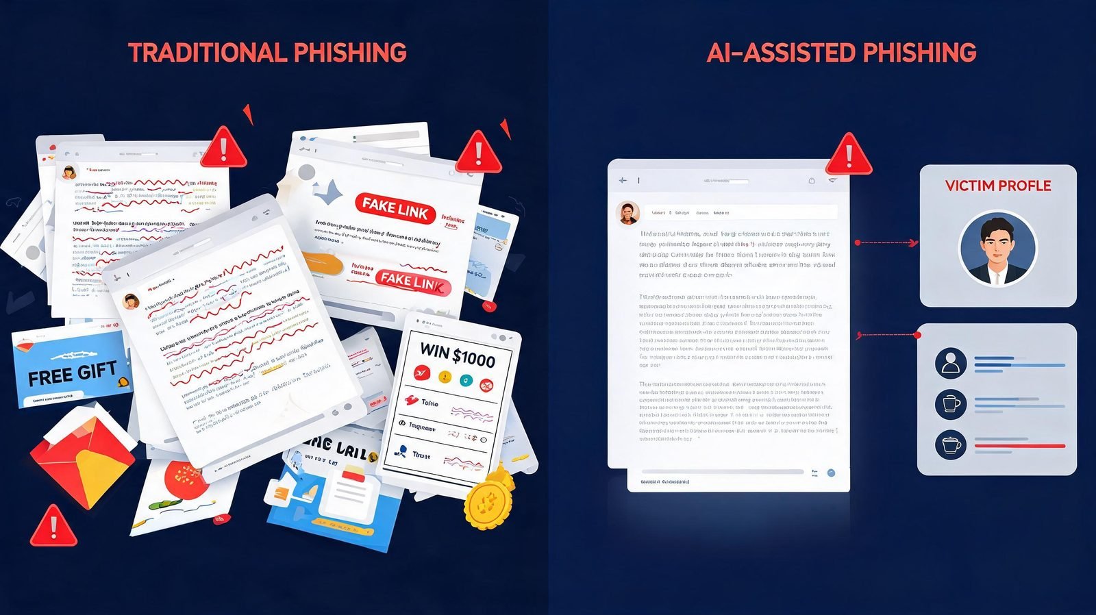 Comparison of traditional phishing lures versus refined AI-assisted lures