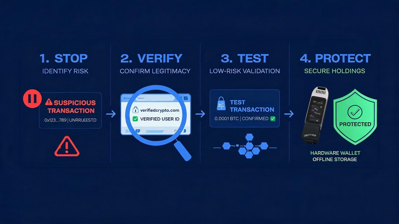 STOP VERIFY TEST PROTECT framework for avoiding AI crypto scams
