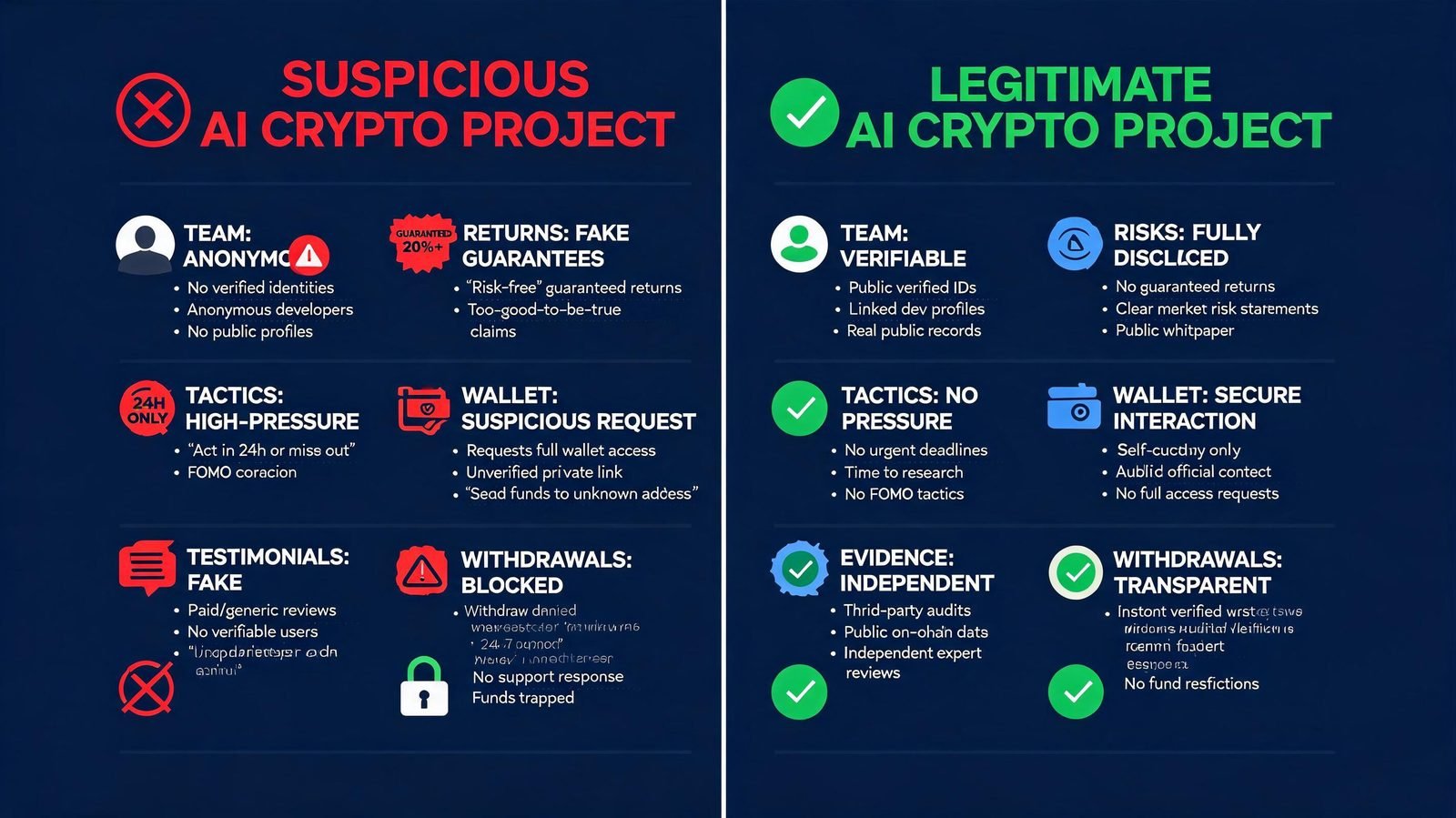 Comparison of warning signs in scam and legitimate AI crypto projects