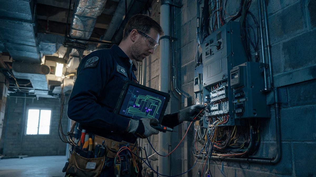Electrician using AI-assisted diagnostics while performing hands-on work