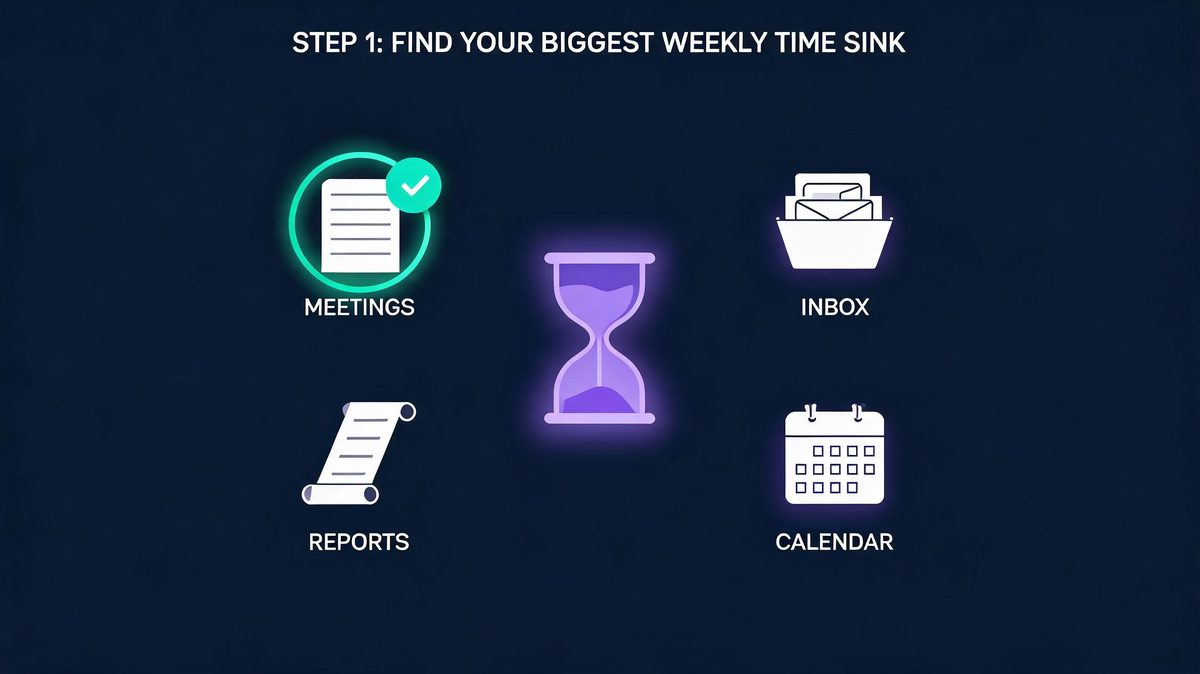 Editorial infographic showing how to find the biggest weekly time sink before choosing the first AI tool - step one of building an AI productivity stack as a beginner