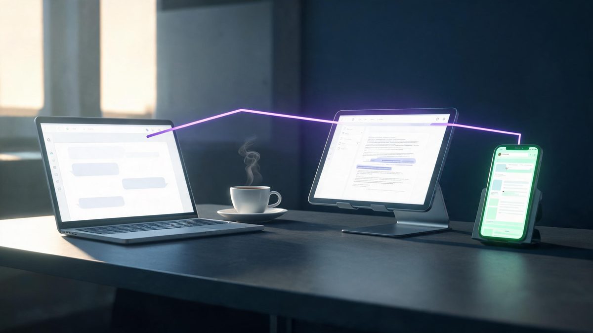 Day-30 AI productivity stack illustration: a clean desk setup showing three tools working together - drafting assistant, NotebookLM research panel, and an automated morning digest email