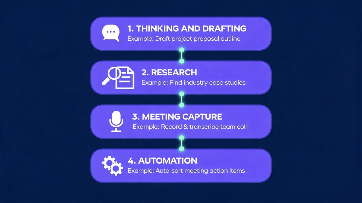 Four-layer AI productivity stack infographic: thinking and drafting with ChatGPT or Claude, research with NotebookLM, meeting capture with Fathom, automation with Zapier