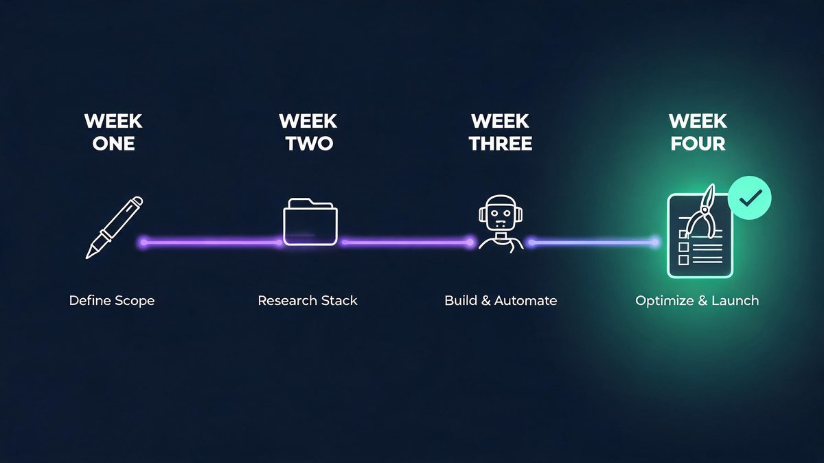 Week-by-week timeline infographic for building an AI productivity stack: drafting assistant in week one, NotebookLM research in week two, Fathom and Zapier automation in week three, keep-or-kill audit in week four