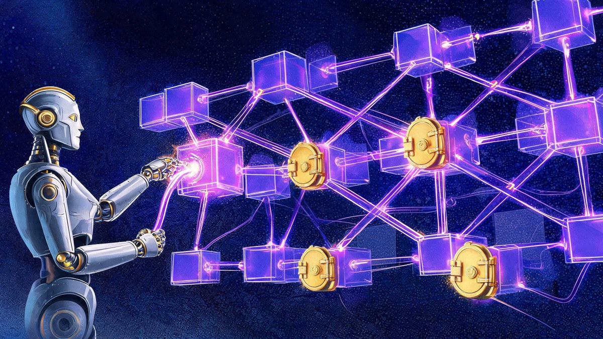 AI agent robot connecting into a blockchain lattice of violet cubes with golden smart-contract vaults โ how AI agents execute on-chain transactions in crypto