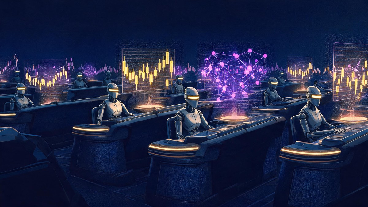 AI agents transforming crypto in 2026 โ autonomous robot traders watching holographic golden candlestick charts and violet blockchain networks on a futuristic trading floor