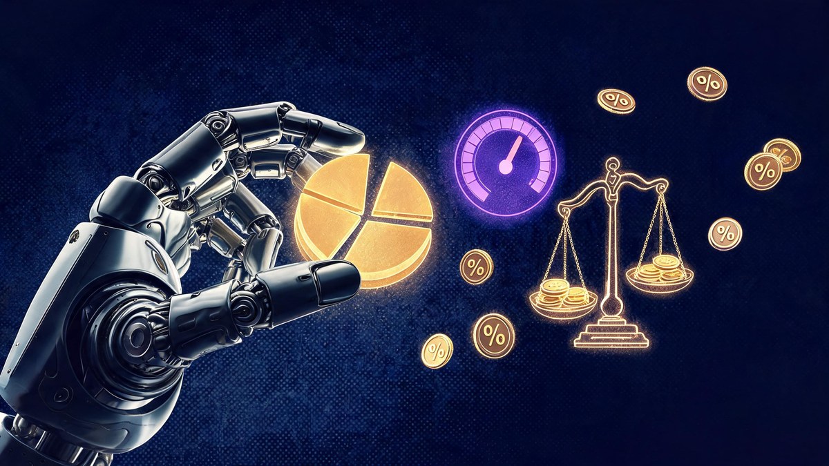 AI agent robot hand rebalancing a holographic crypto portfolio with golden pie charts and violet risk gauges โ automated portfolio management ROI