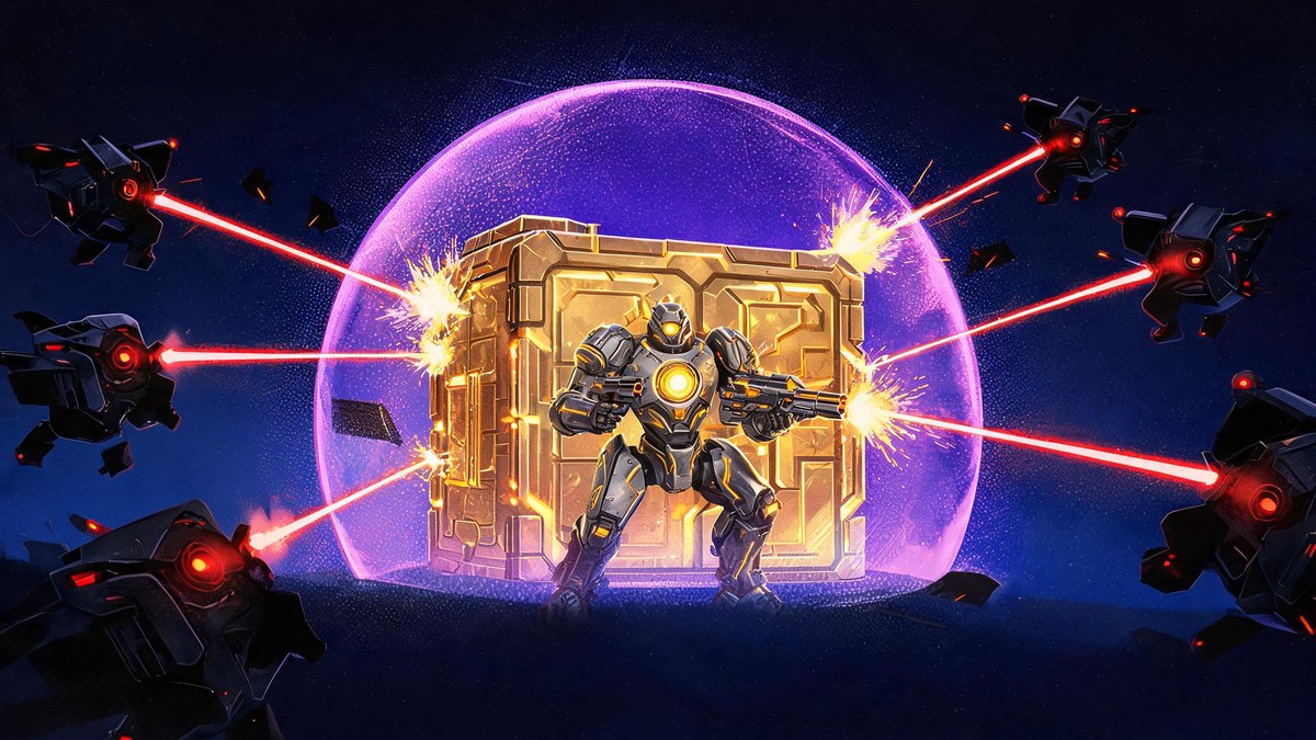 Armored AI guardian robot defending a golden crypto vault from hacker drones with a violet shield โ AI agent security risks in crypto