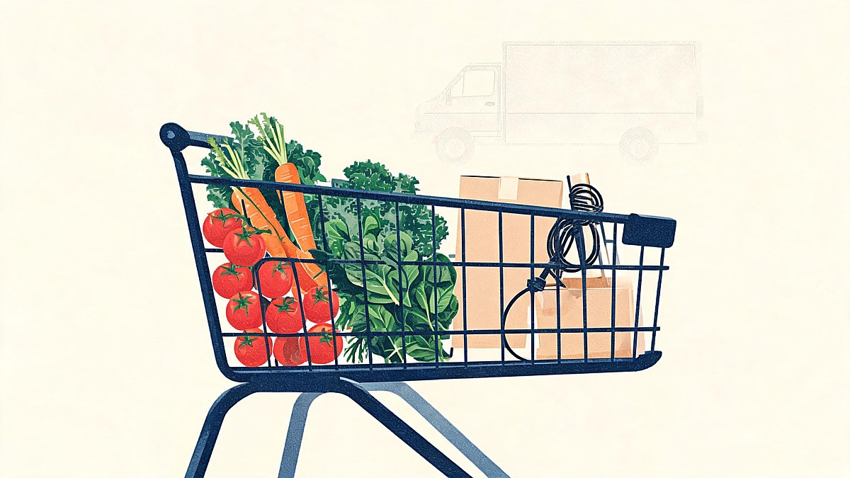One shopping cart holding fresh produce alongside a household box, a book and a charging cable