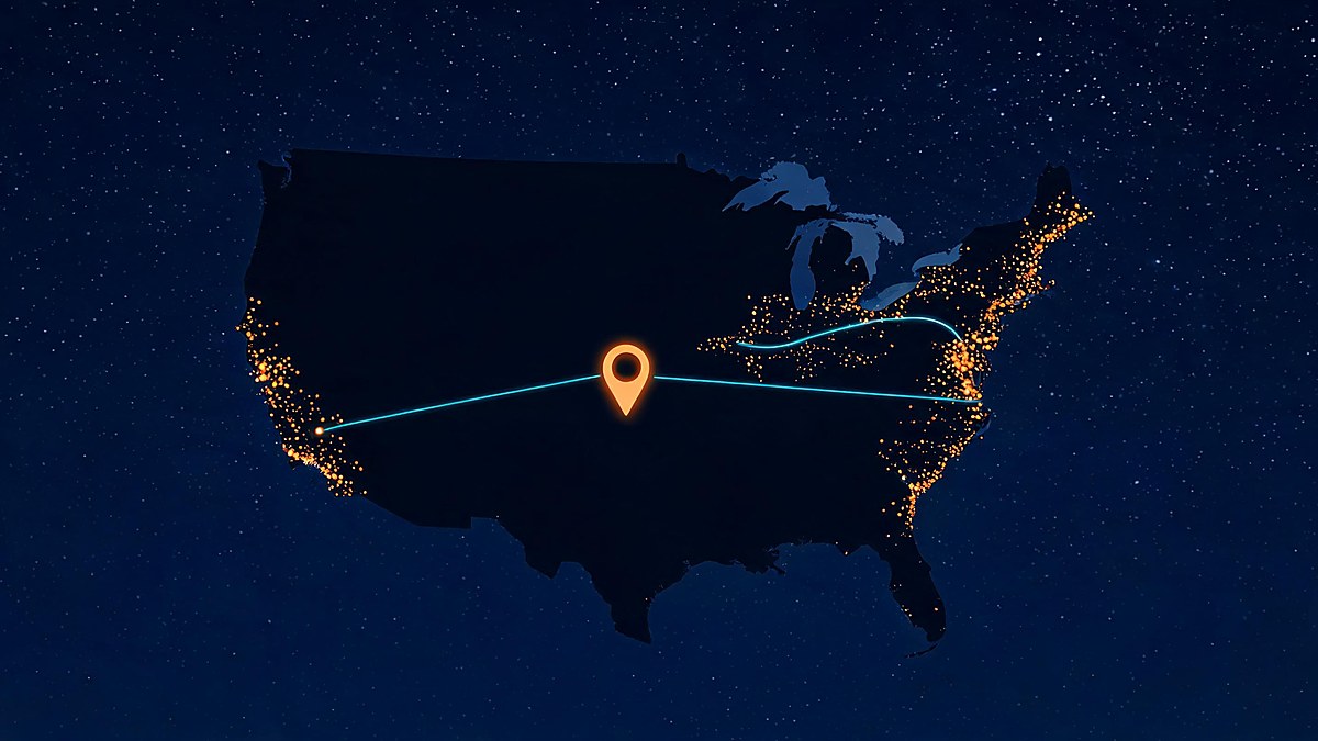 Night map of the continental United States dotted with warm glowing coverage points connected by thin delivery-route trails