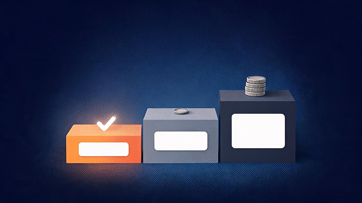 Three ascending steps with the lowest glowing orange, representing free, low-fee and full-fee delivery tiers