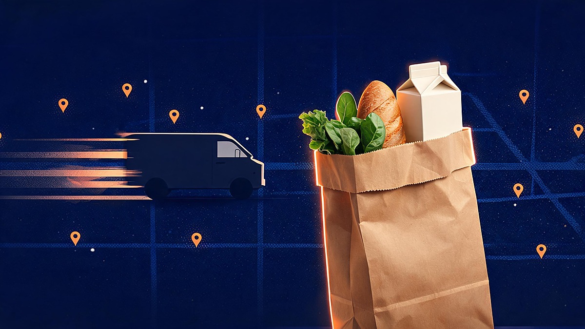 Paper grocery bag with fresh produce in front of a stylized delivery van and glowing city-coverage dots on a navy background
