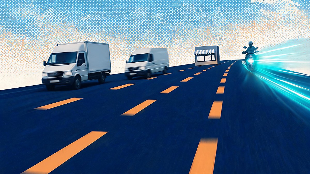 Four delivery lanes from cargo van to fast scooter with increasing motion streaks