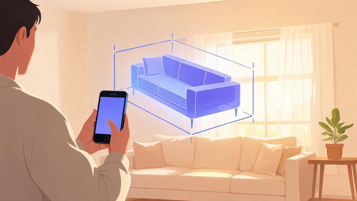 Person using a smartphone augmented reality app to preview a virtual object in their room
