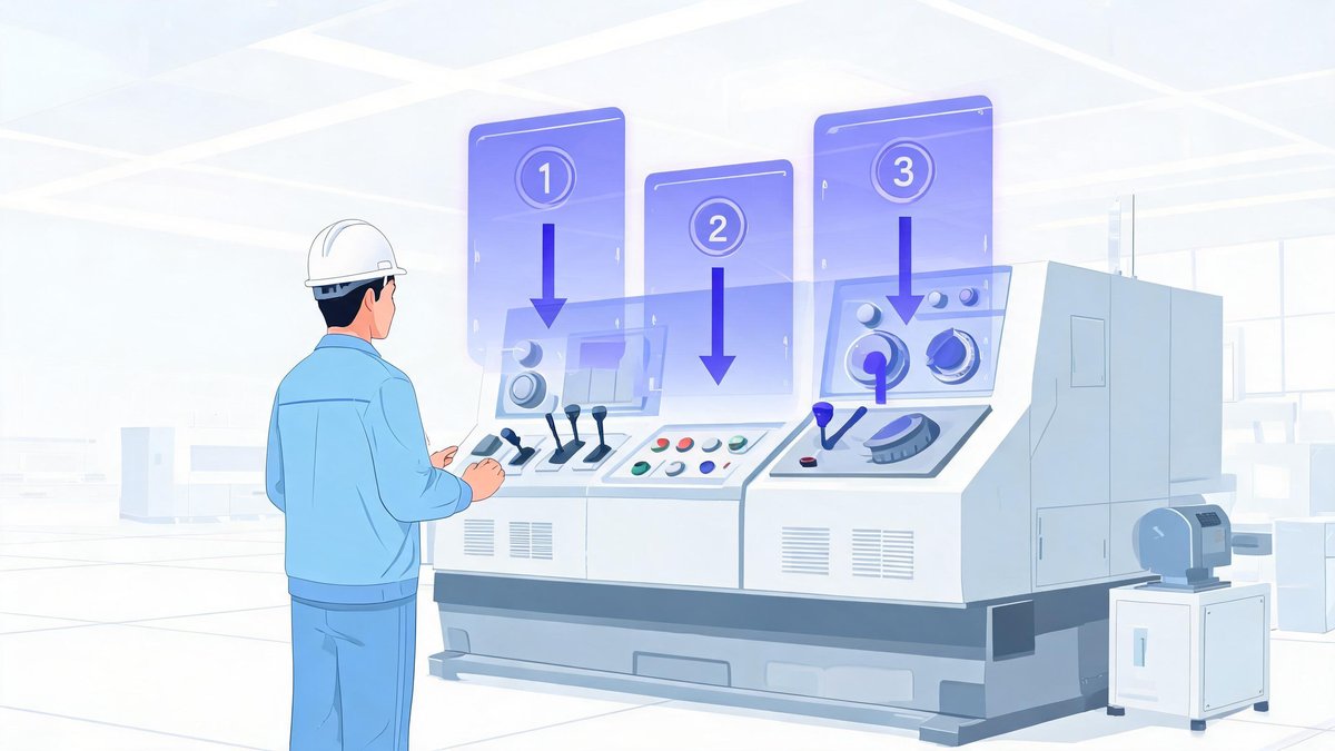 New employee learning a machine through an AR training simulation with floating step-by-step instructions