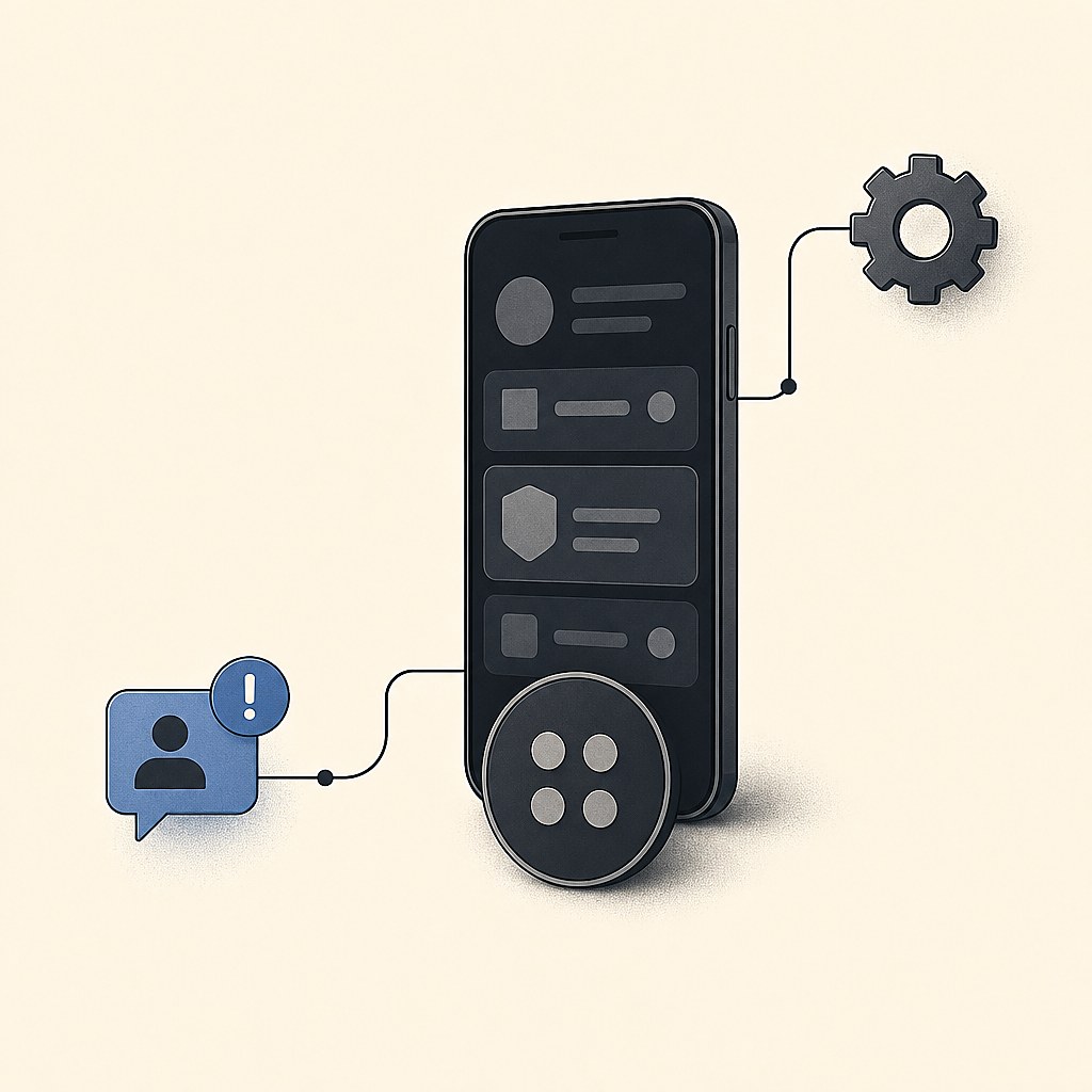 Phone account protected by a passcode, settings control, and alert shield]