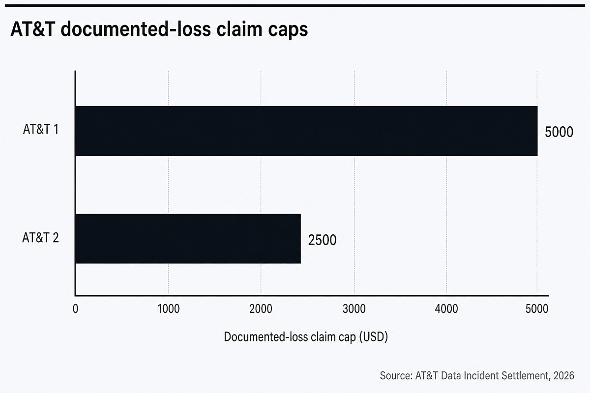 Documented-loss claim caps were up to 5,000 dollars for AT&T 1 and up to 2,500 dollars for AT&T 2