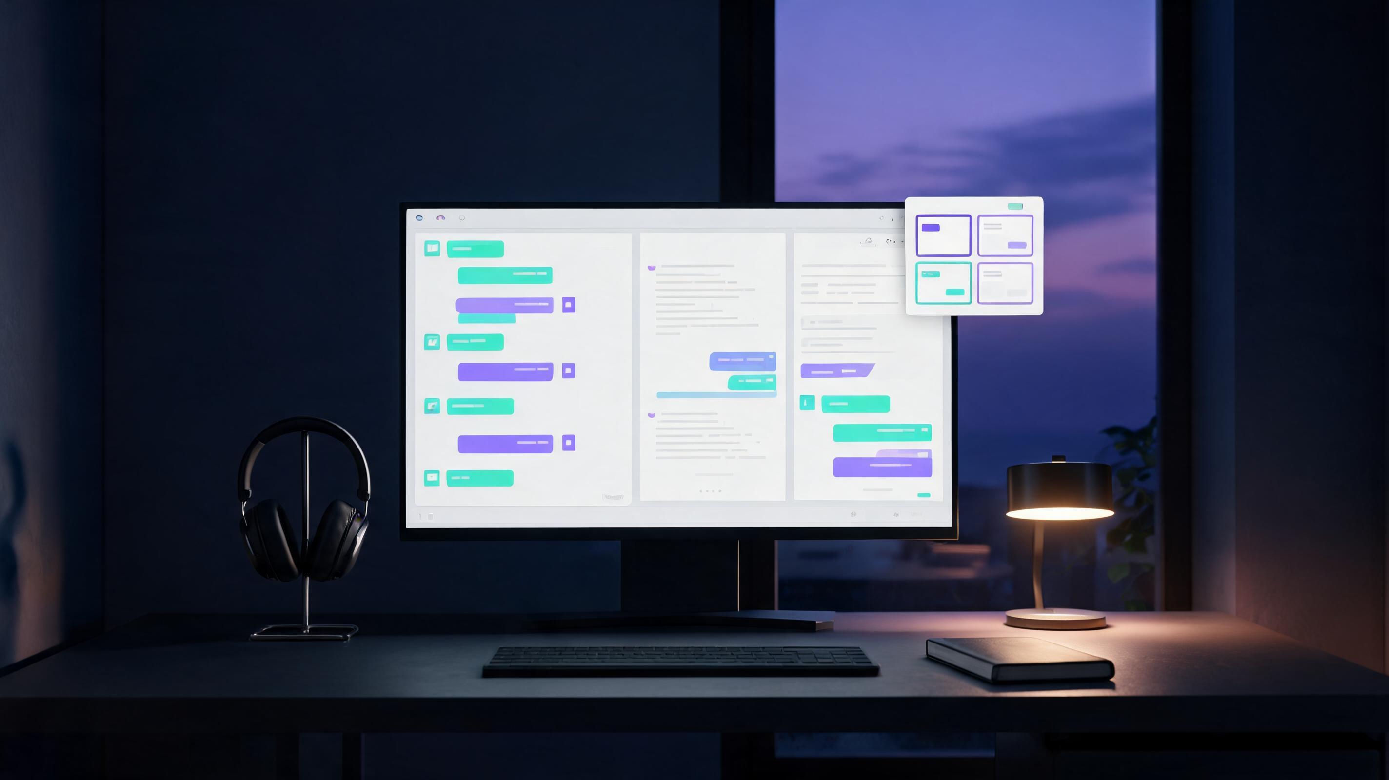Large desktop monitor in a dusk home office showing one versatile AI assistant interface summarizing a document, violet and mint accents