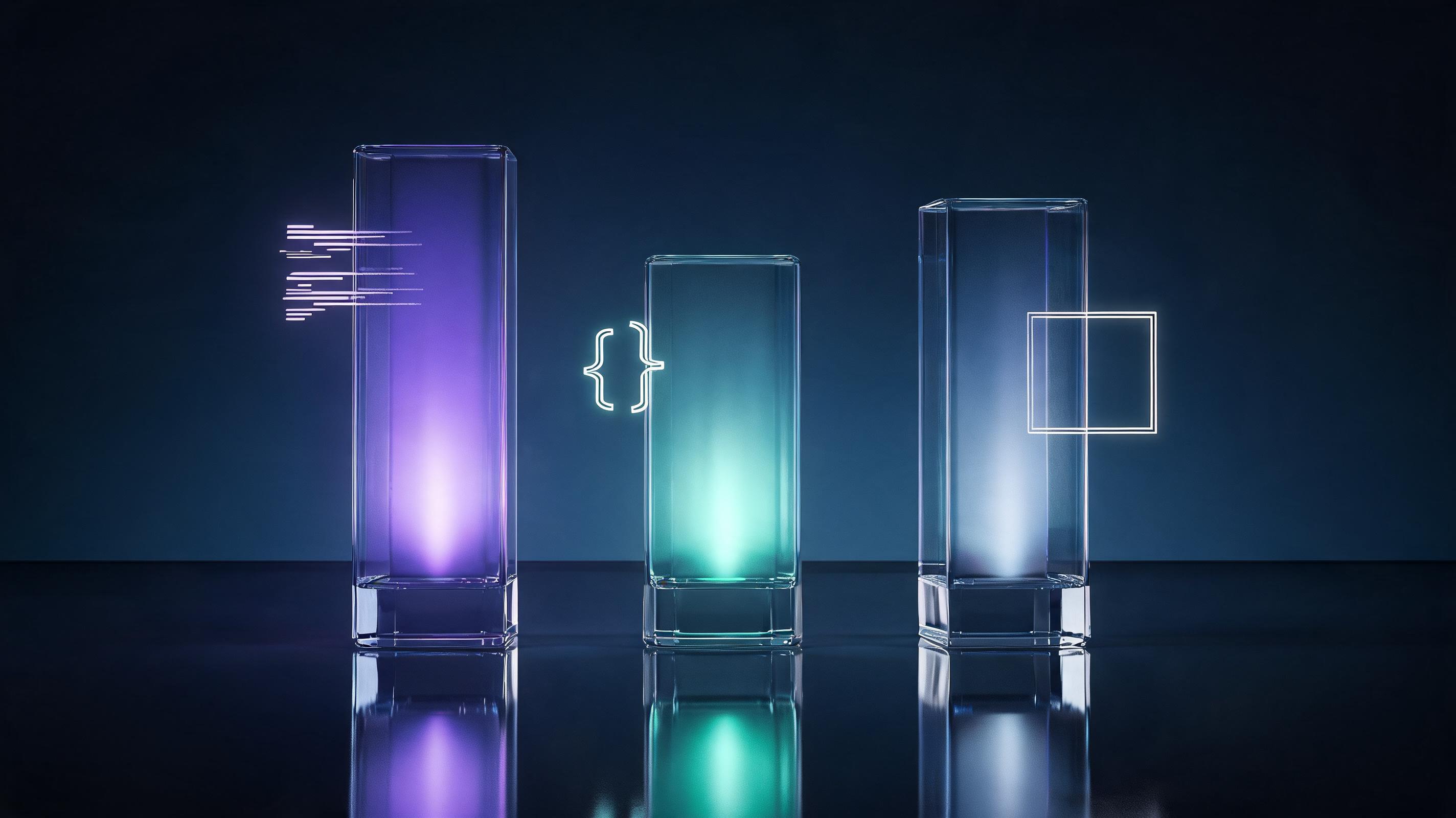 Three elegant glass monoliths with distinct glowing inner patterns on a reflective dark surface, representing the three leading AI platforms
