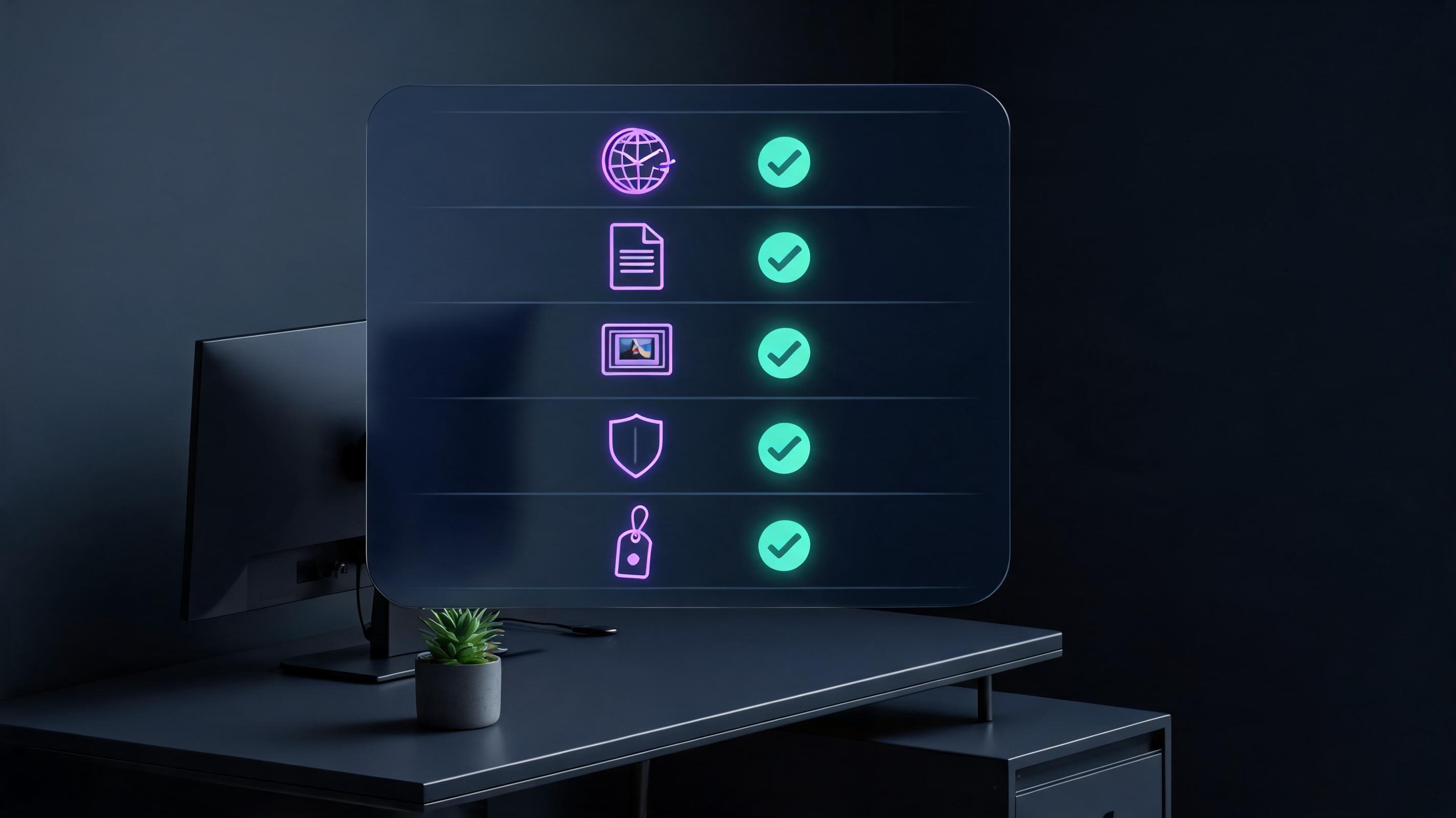 Floating checklist interface with glowing icons for real-time web access, document analysis, multimodal work, privacy shield and cost, above a dark designer desk