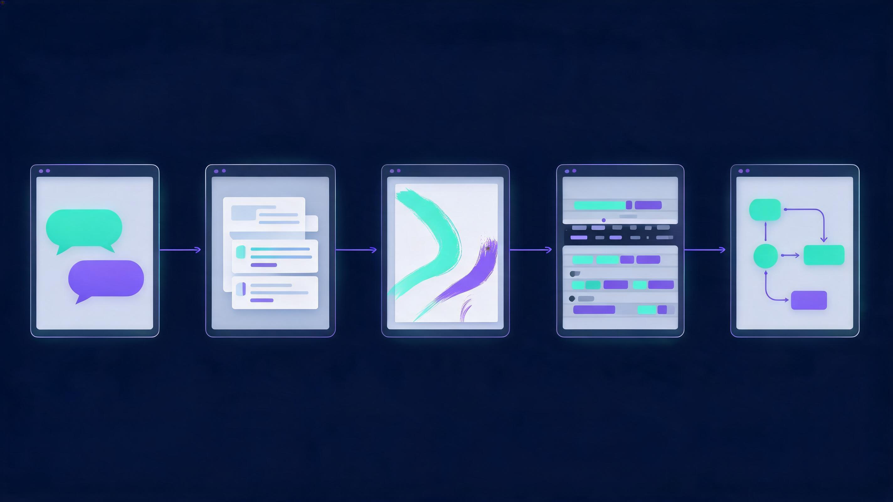 Five floating application windows in a row showing chat assistant, research citations, image canvas, video timeline and automation flowchart, connected by thin violet lines