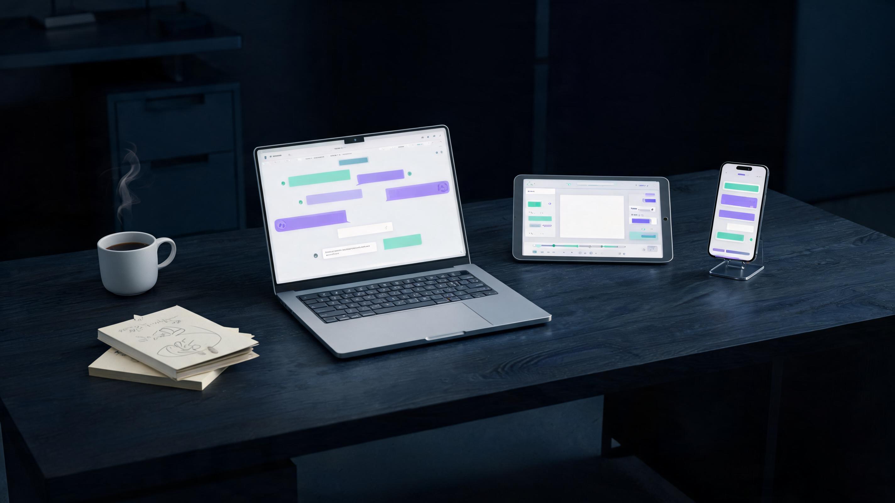 Editorial hero showing a modern desk with a laptop running an AI chat assistant, a tablet with an image-generation canvas and a phone with a meeting transcription app, in dark navy with violet and mint accents