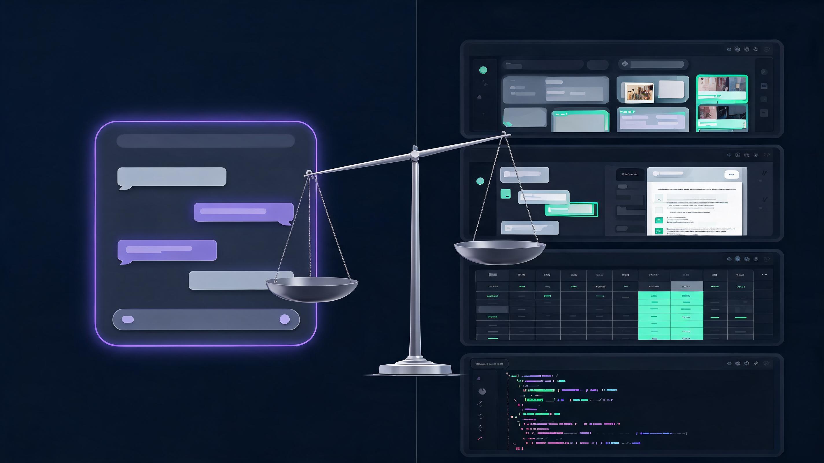 Split-screen editorial image with a universal chat assistant on the left and four specialized AI panels for research, documents, spreadsheets and code on the right