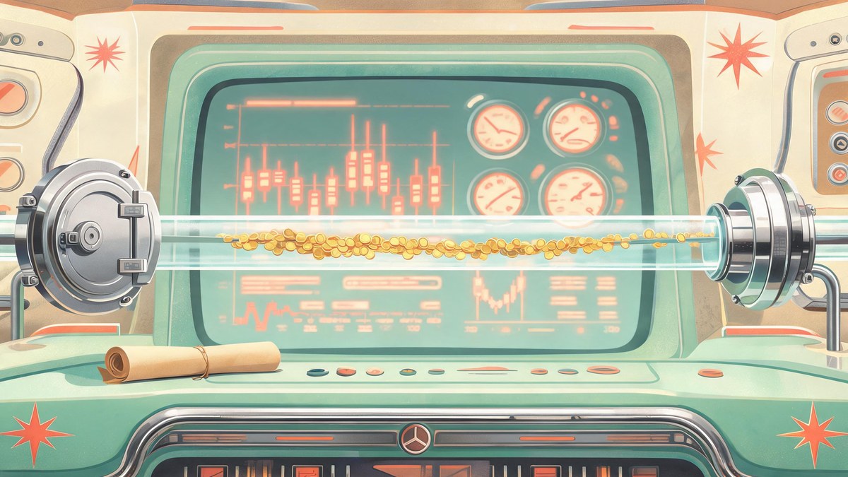 Illustrated crypto market dashboard showing coin symbols, price candles, fund flows and a policy document