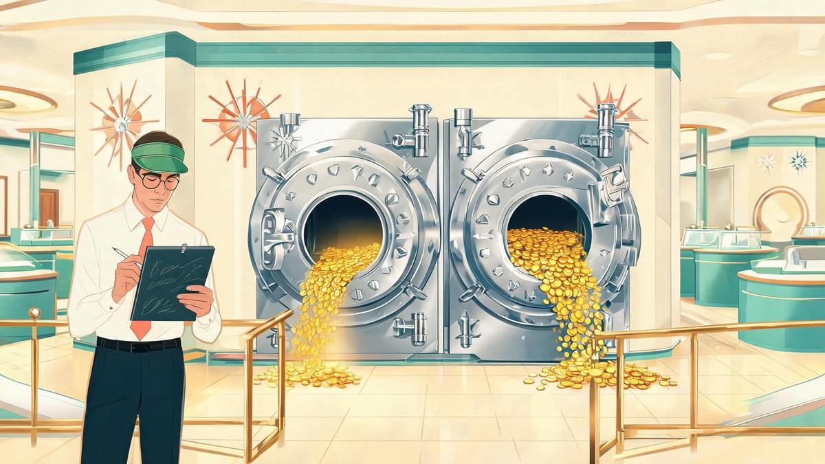 Two vaults with coins flowing in and out representing daily ETF creations and redemptions