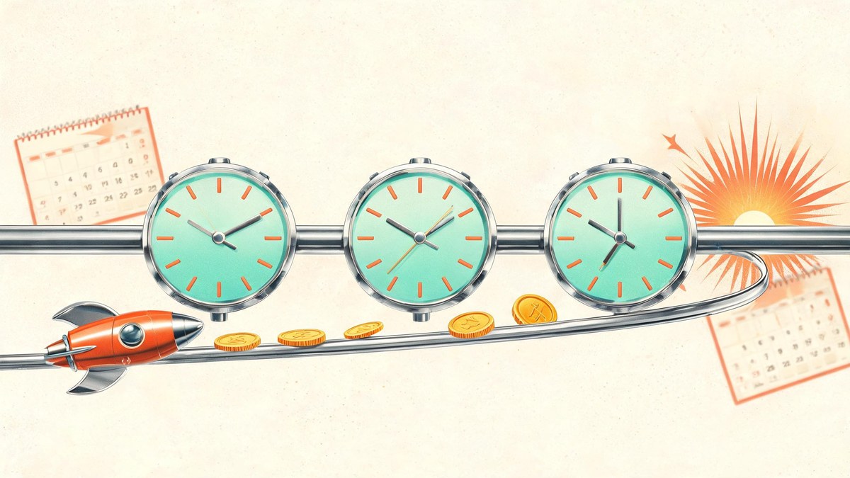 Three clocks on a glowing timeline showing that quotes, fund flows and policy each run on different schedules